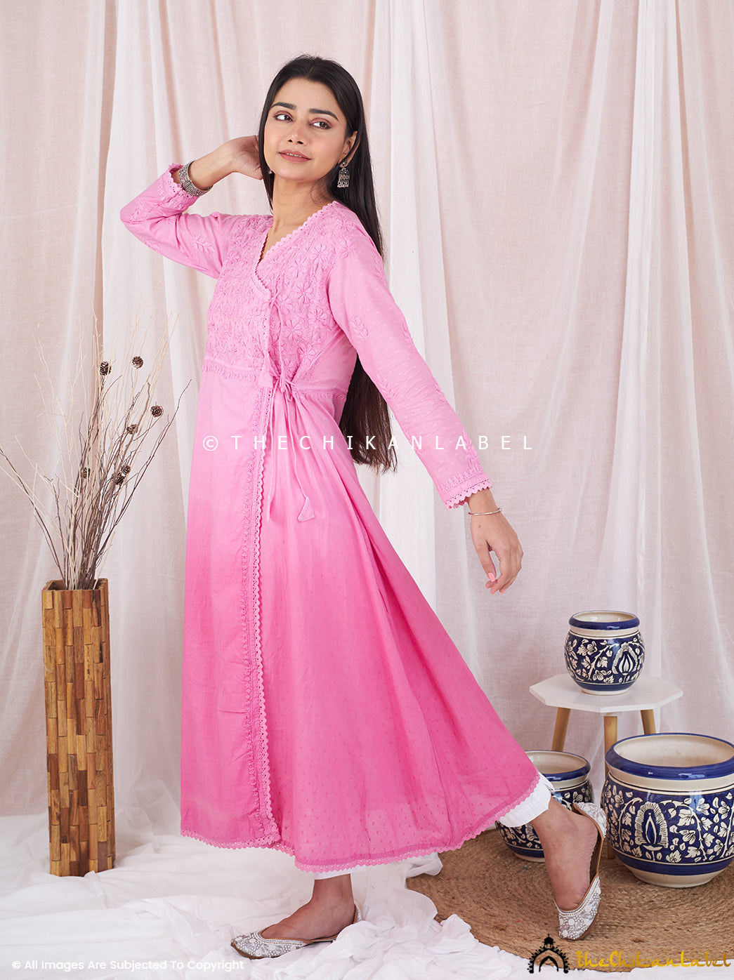 Pink Cotton Printed Angrakha Style Tiered Ethnic Dress – SCAKHI